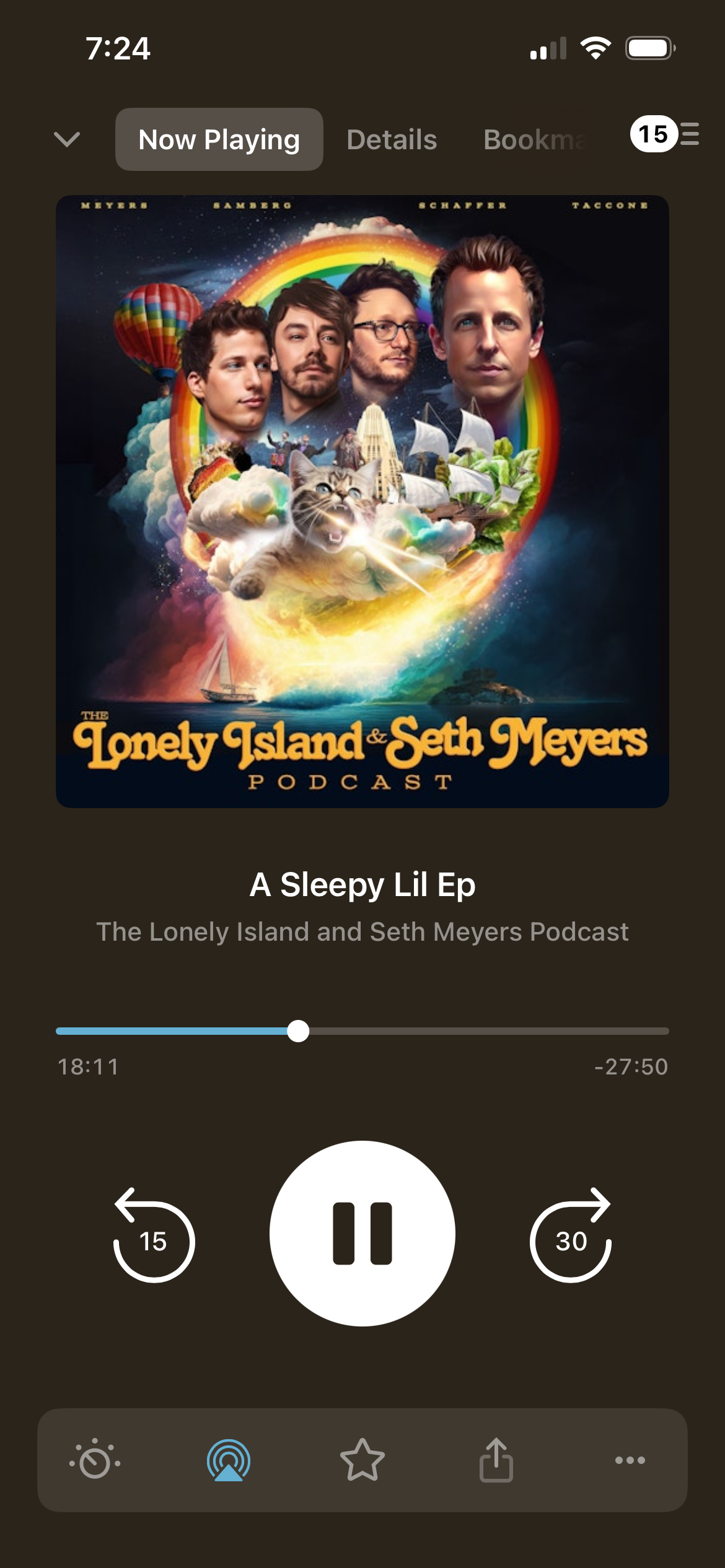 Four men are illustrated in a colorful, fantasy-themed poster for The Lonely Island & Seth Meyers Podcast, with sea creatures and a rainbow.