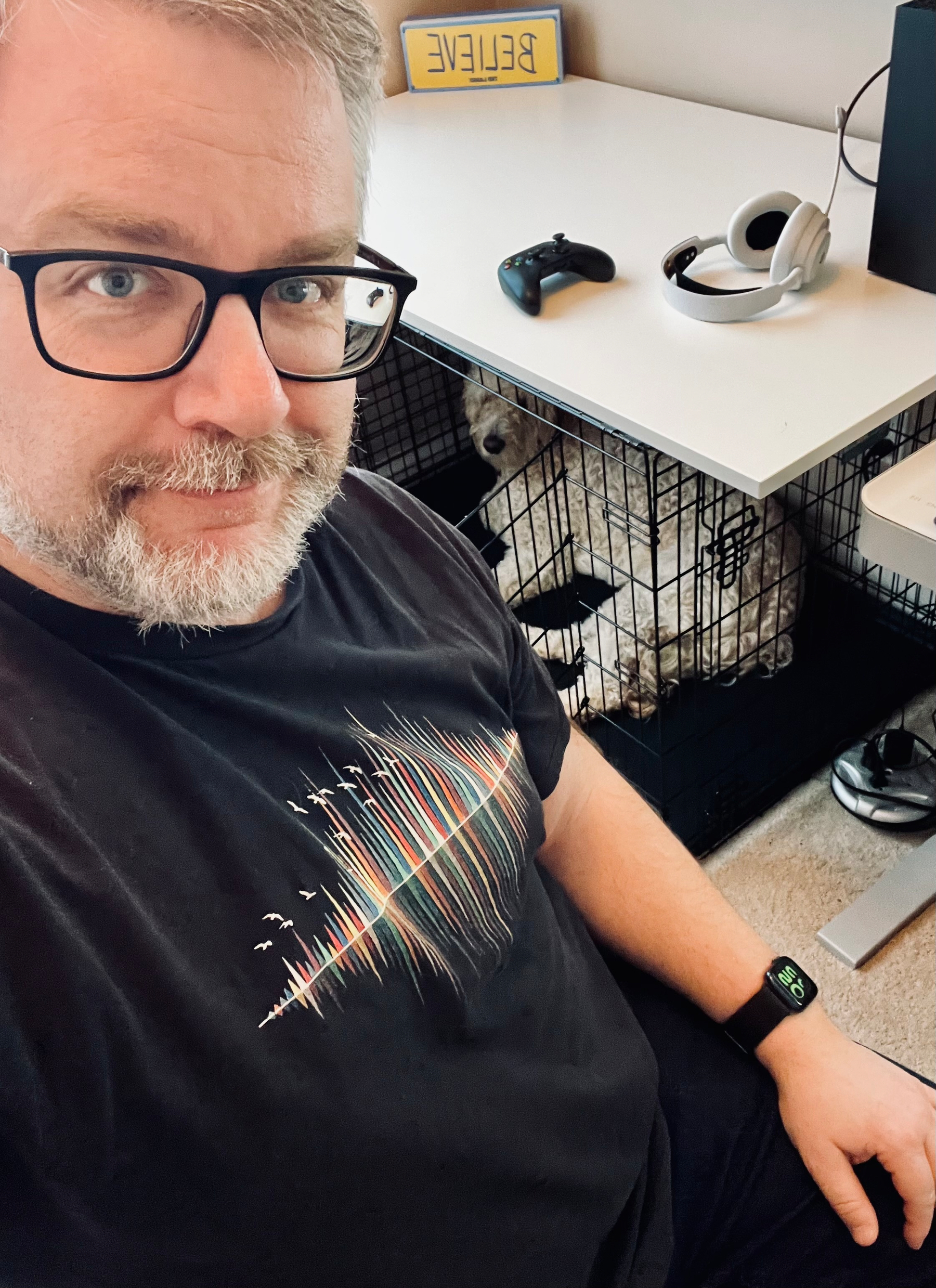 A person wearing glasses and a black T-shirt is sitting at a desk with headphones and a game controller, while a dog is lying in a crate beneath the desk.