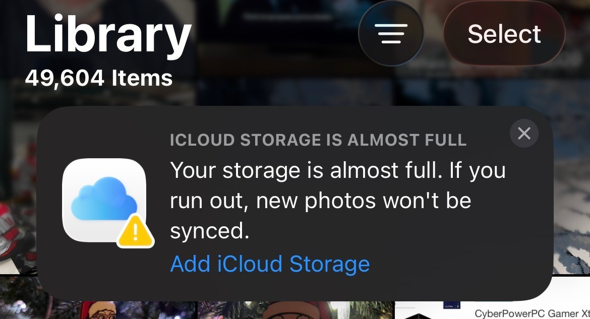 A notification alerts the user that their iCloud storage is almost full, affecting photo syncing.