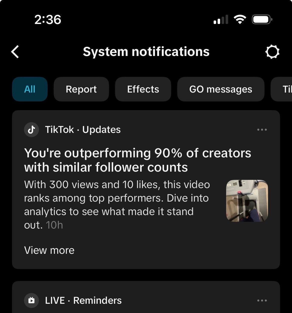 A TikTok system notification highlights that a user is outperforming 90% of creators with similar follower counts, having gained 300 views and 10 likes.