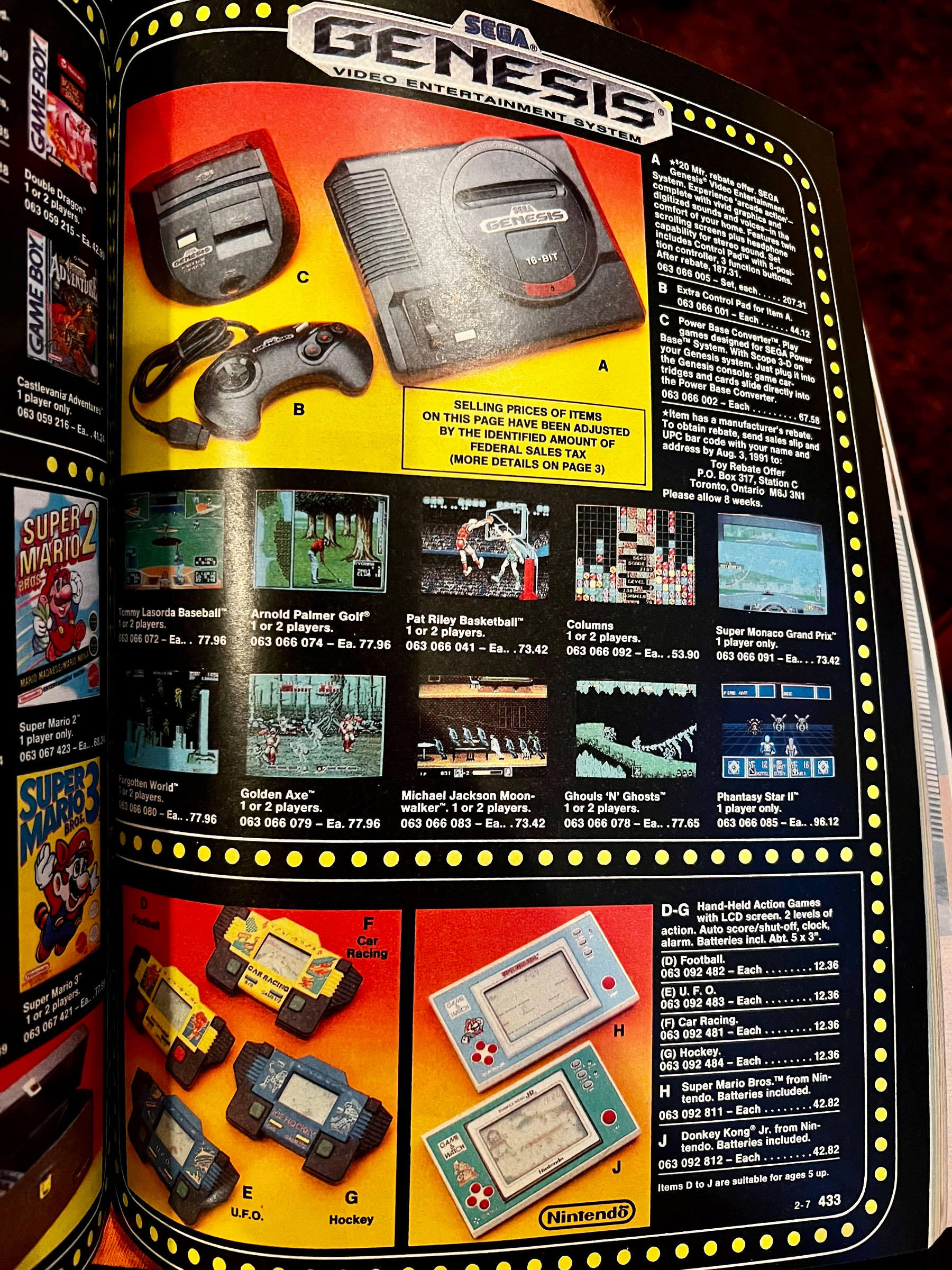 A vintage catalog page showcases Sega Genesis console and accessories, classic video games for various platforms, and Nintendo handheld game devices with prices.