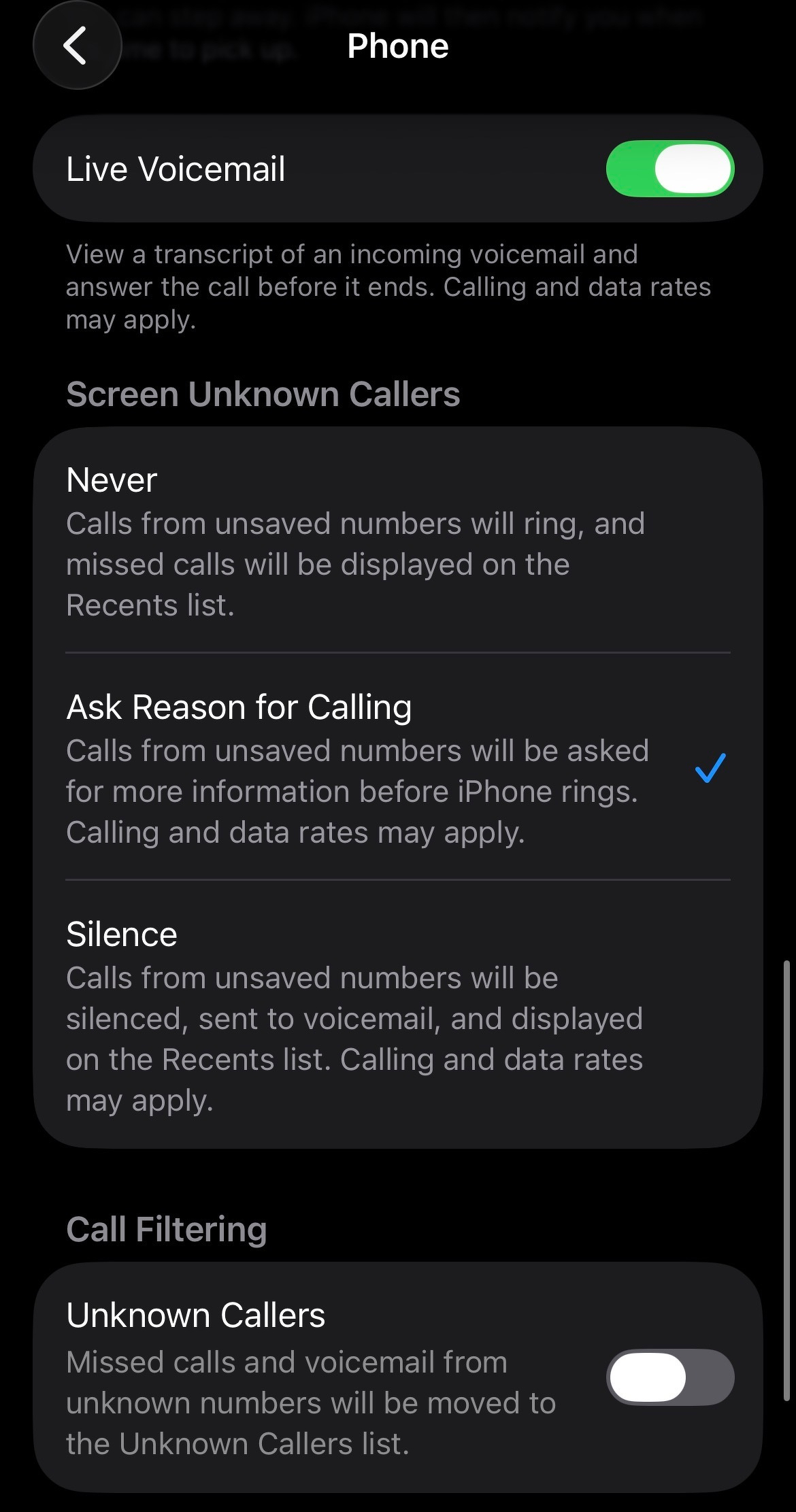 The settings screen shows options for Live Voicemail, screening unknown callers with the selected choice Ask Reason for Calling, and call filtering for unknown callers turned off.