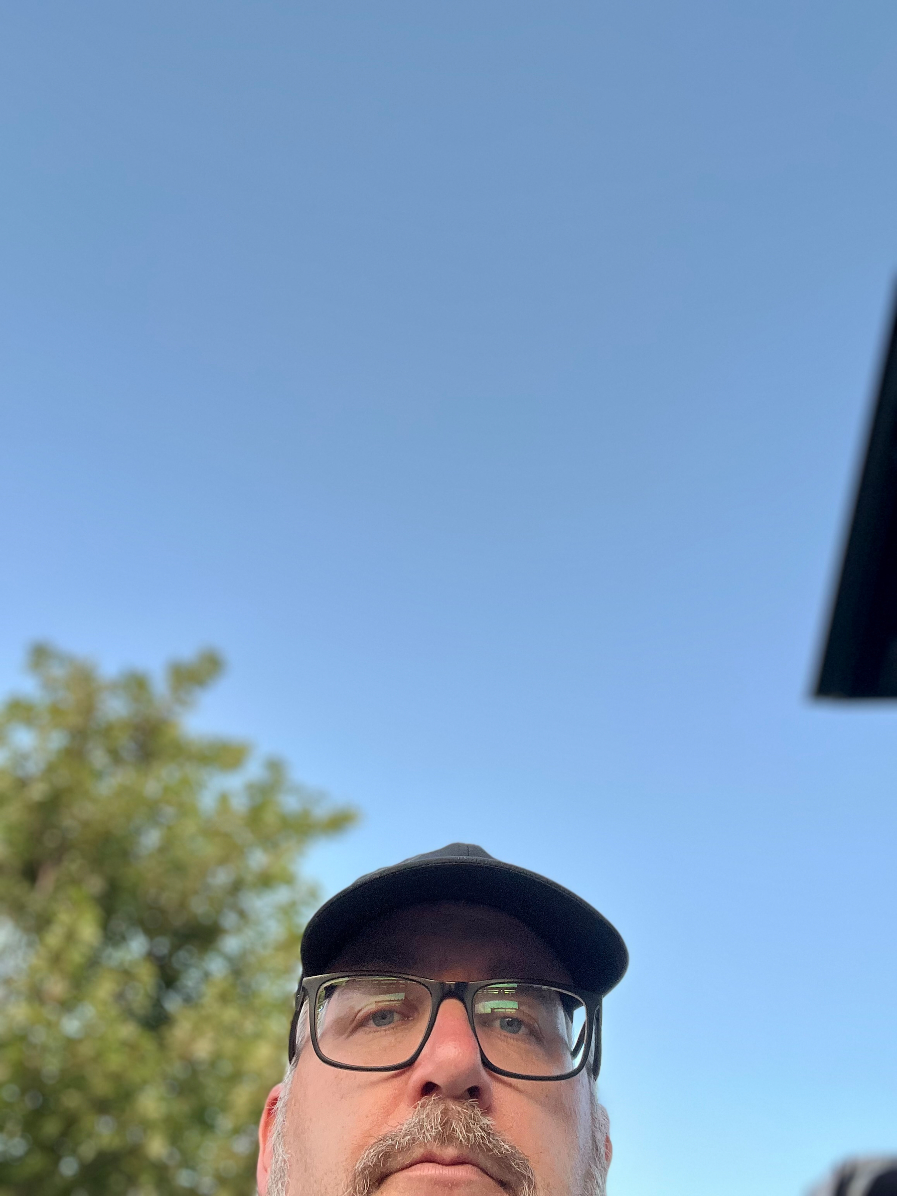 A person wearing glasses and a black cap is looking slightly upward with a clear blue sky and some greenery in the background.