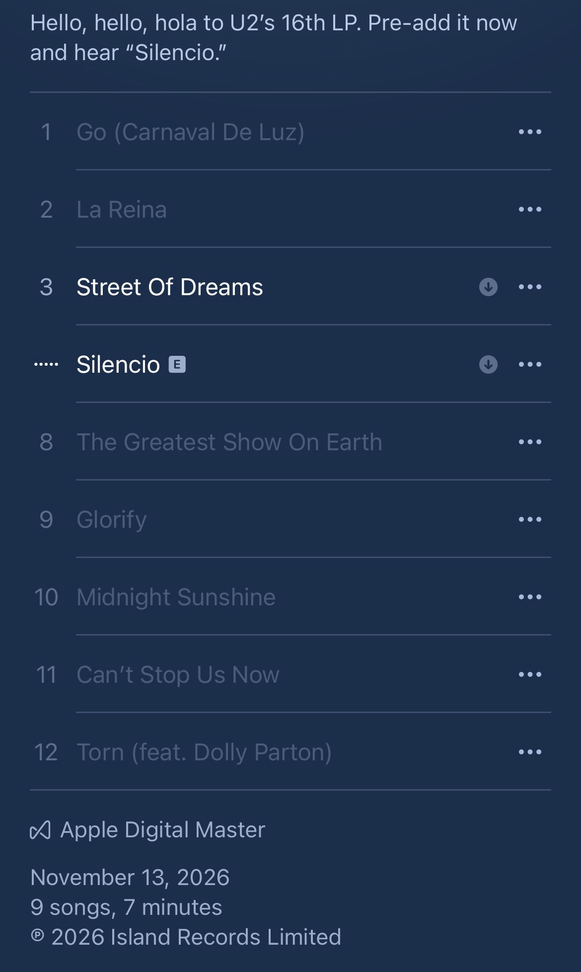 A list of songs from U2's upcoming 16th LP, available for pre-add with release details including the date November 13, 2026.