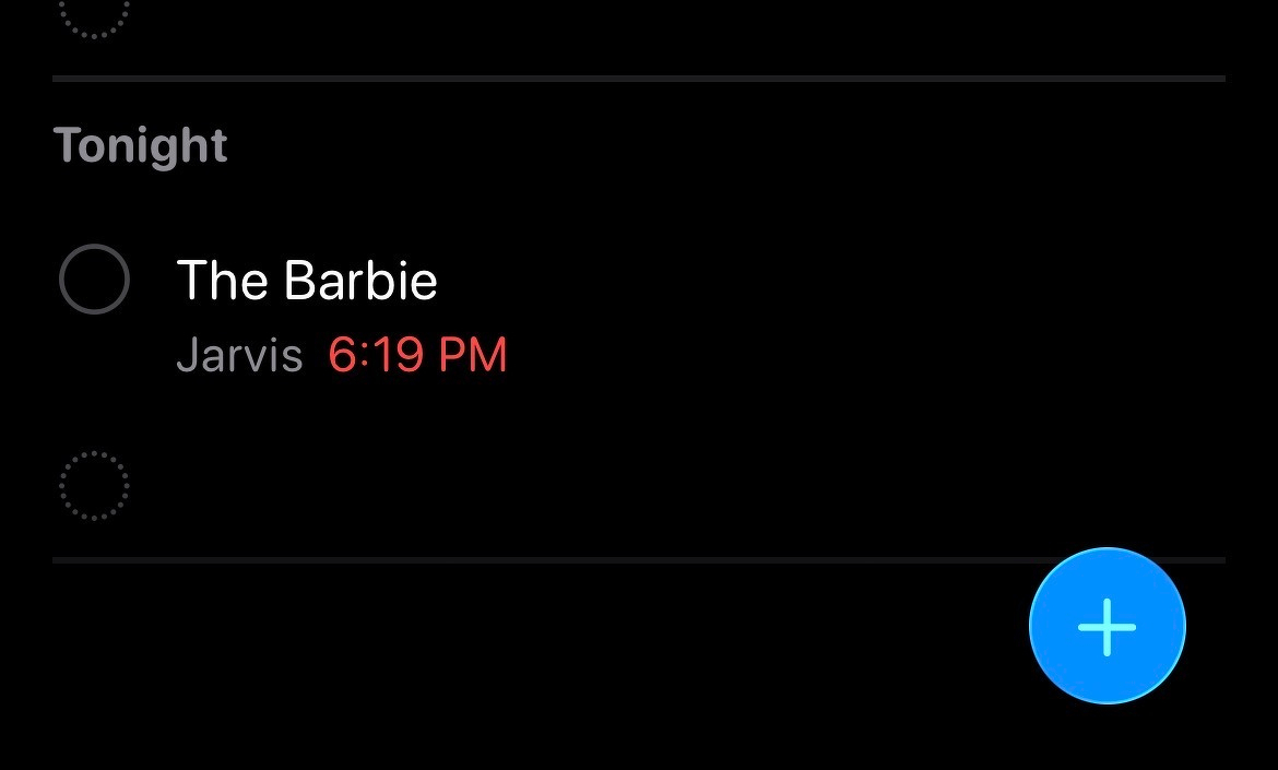 A calendar event labeled The Barbie is scheduled for 6:19 PM with Jarvis mentioned below it.