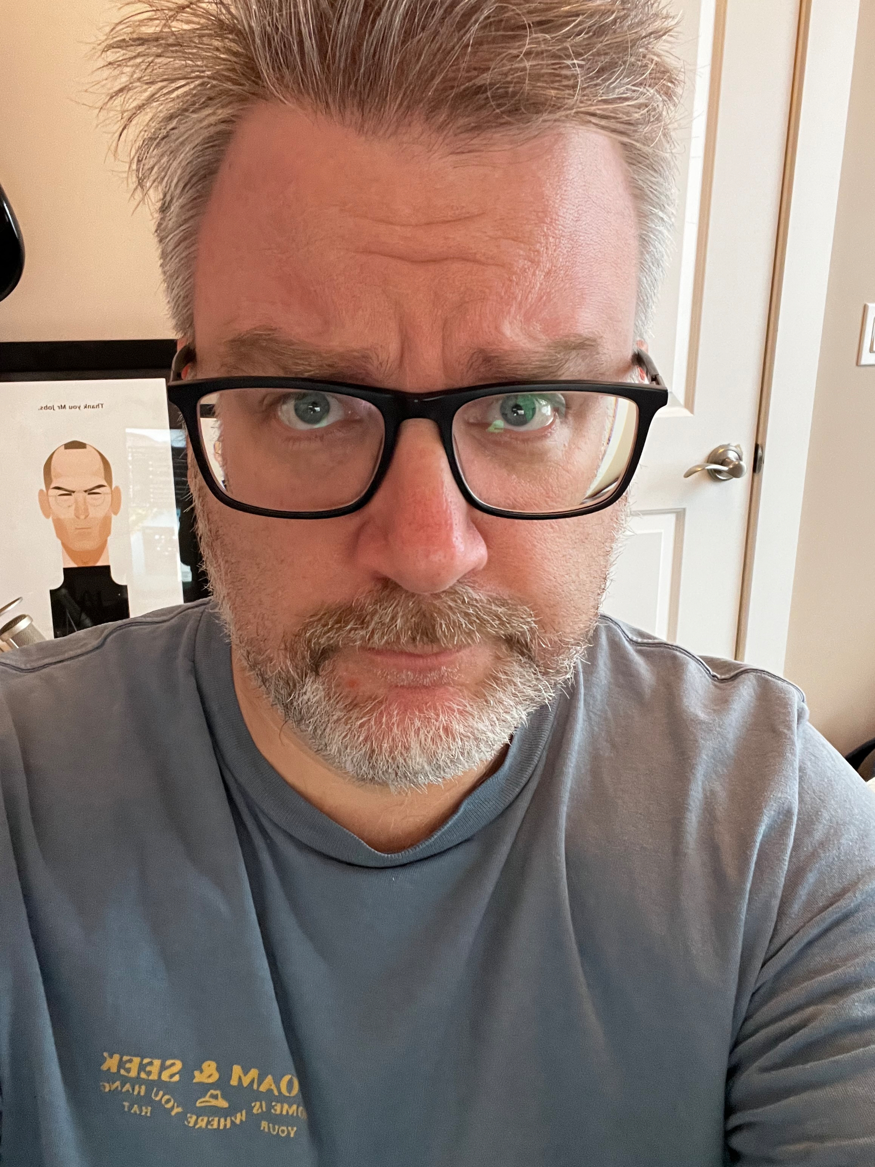 A bearded man with glasses looks into the camera, standing in a room with a half-open door and an illustration on the wall behind him.