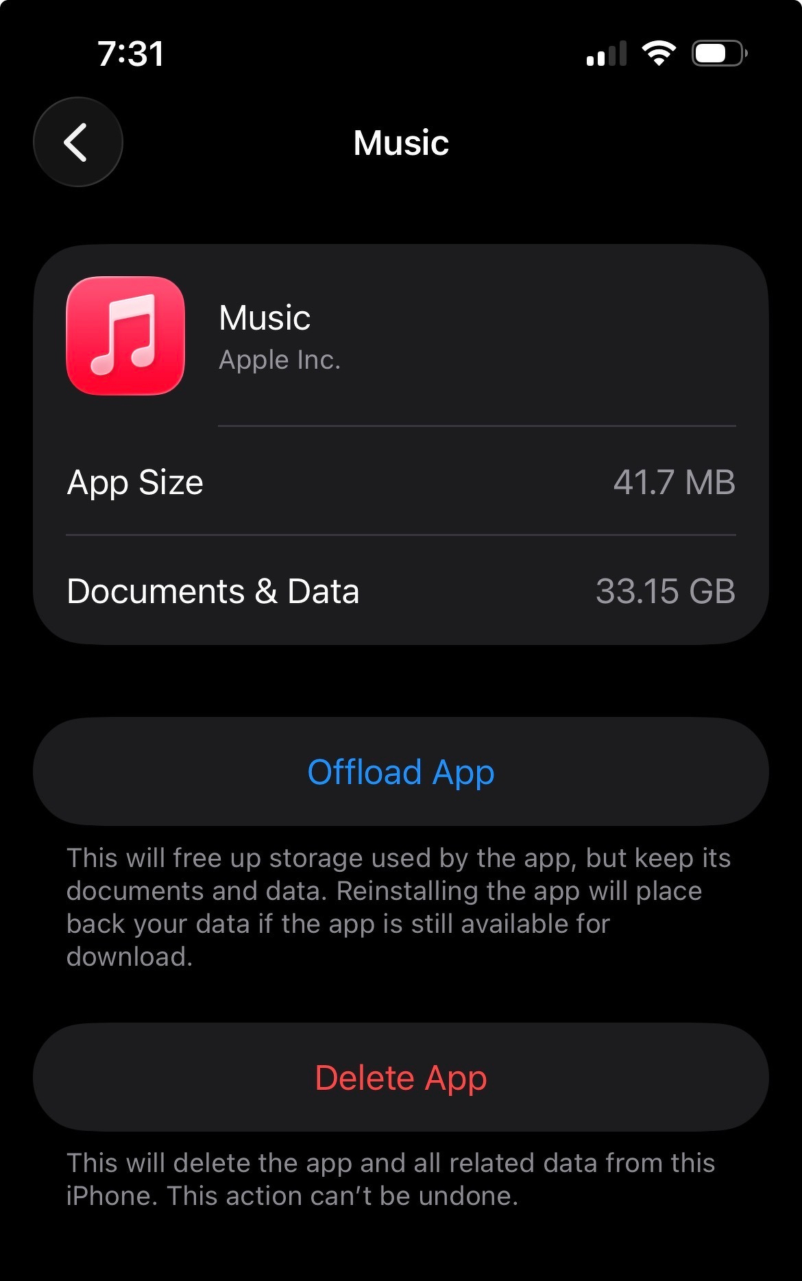 The screenshot displays the storage usage details of the Apple Music app on an iPhone, showing an app size of 41.7 MB and documents and data of 33.15 GB, with options to offload or delete the app.
