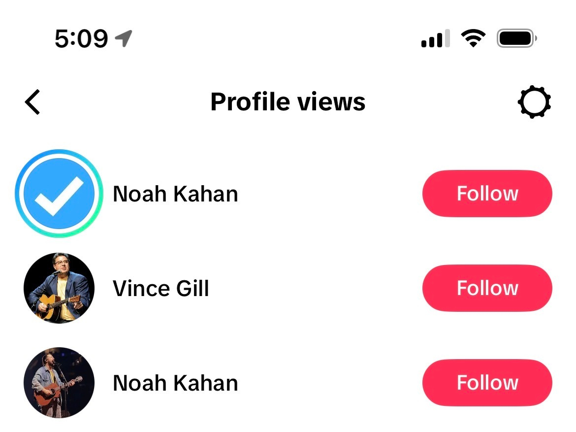 A list of three profile views on a social media app shows two profiles named Noah Kahan and one named Vince Gill, each with a red Follow button beside them.
