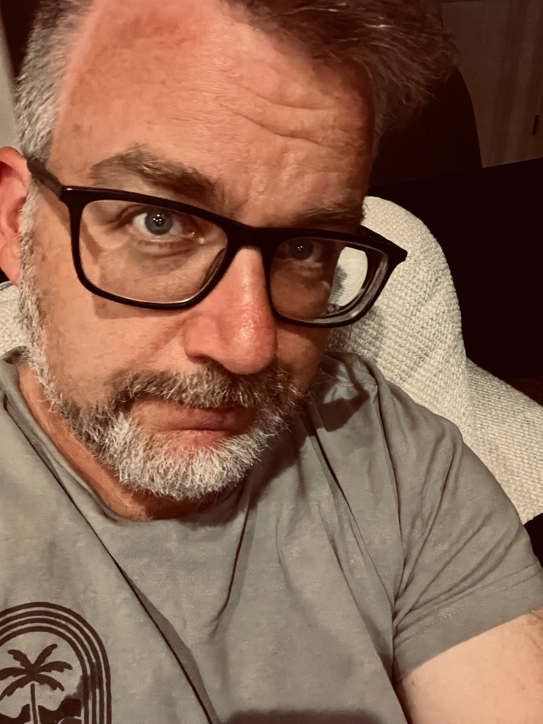 A man with gray hair and a beard is wearing black-framed glasses and a gray t-shirt while looking directly at the camera.