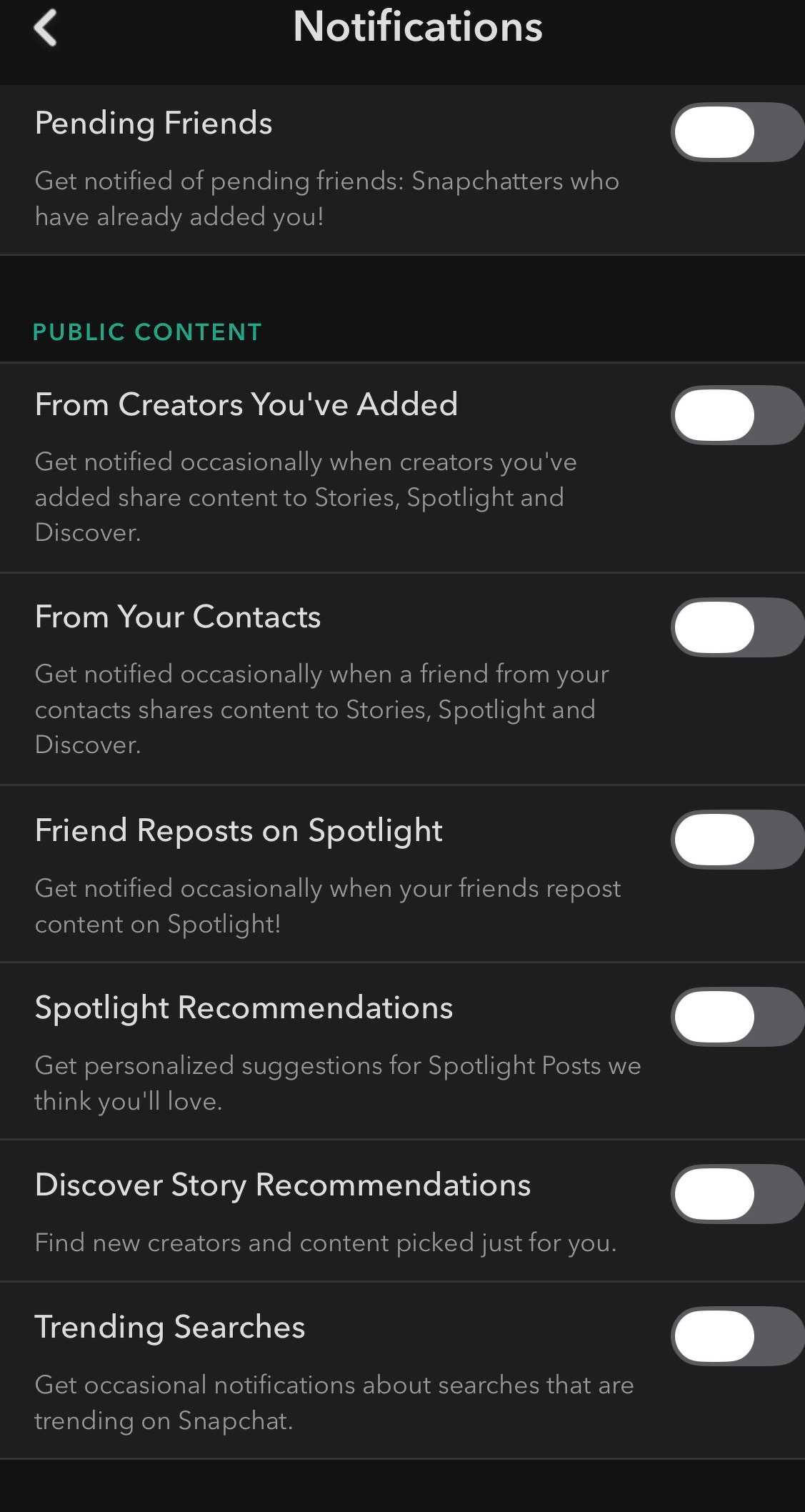 Notification settings for Snapchat are shown, with all options toggled off, including pending friends, public content, friend reposts, recommendations, and trending searches.