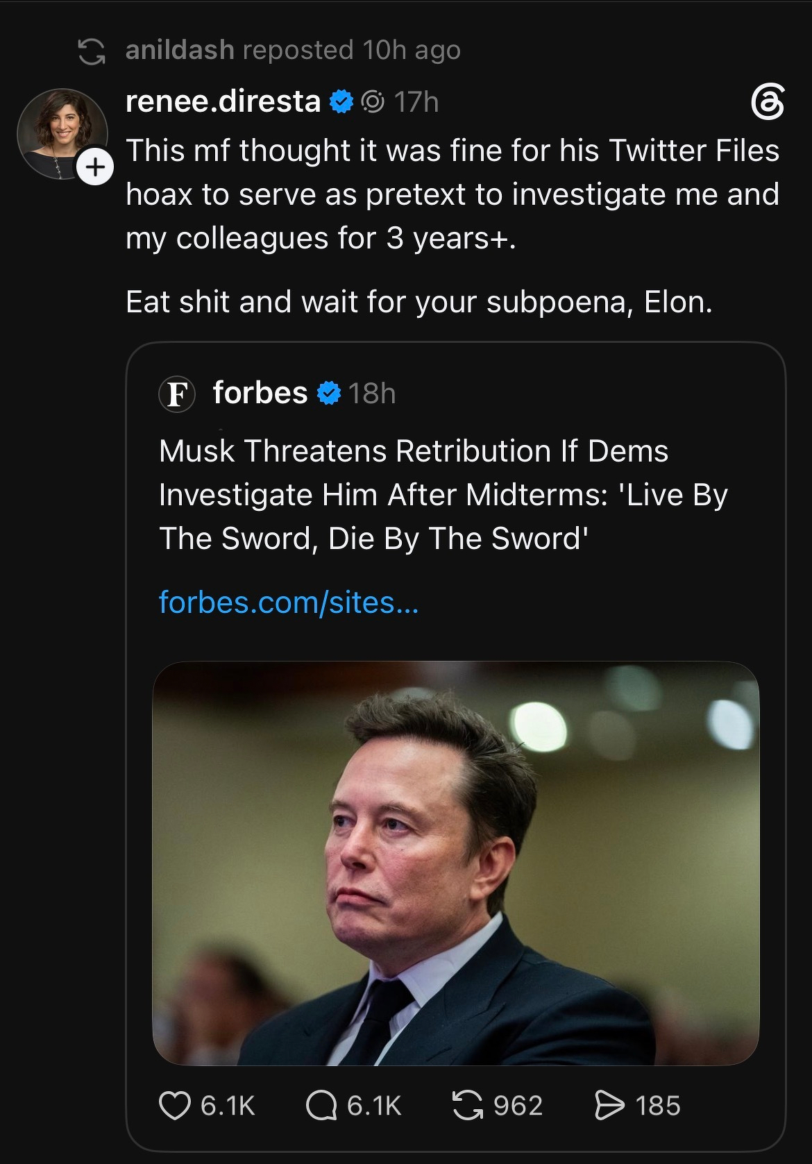 A Twitter post shows Renee Diresta responding angrily to a Forbes article about Elon Musk threatening retribution if Democrats investigate him after the midterm elections.