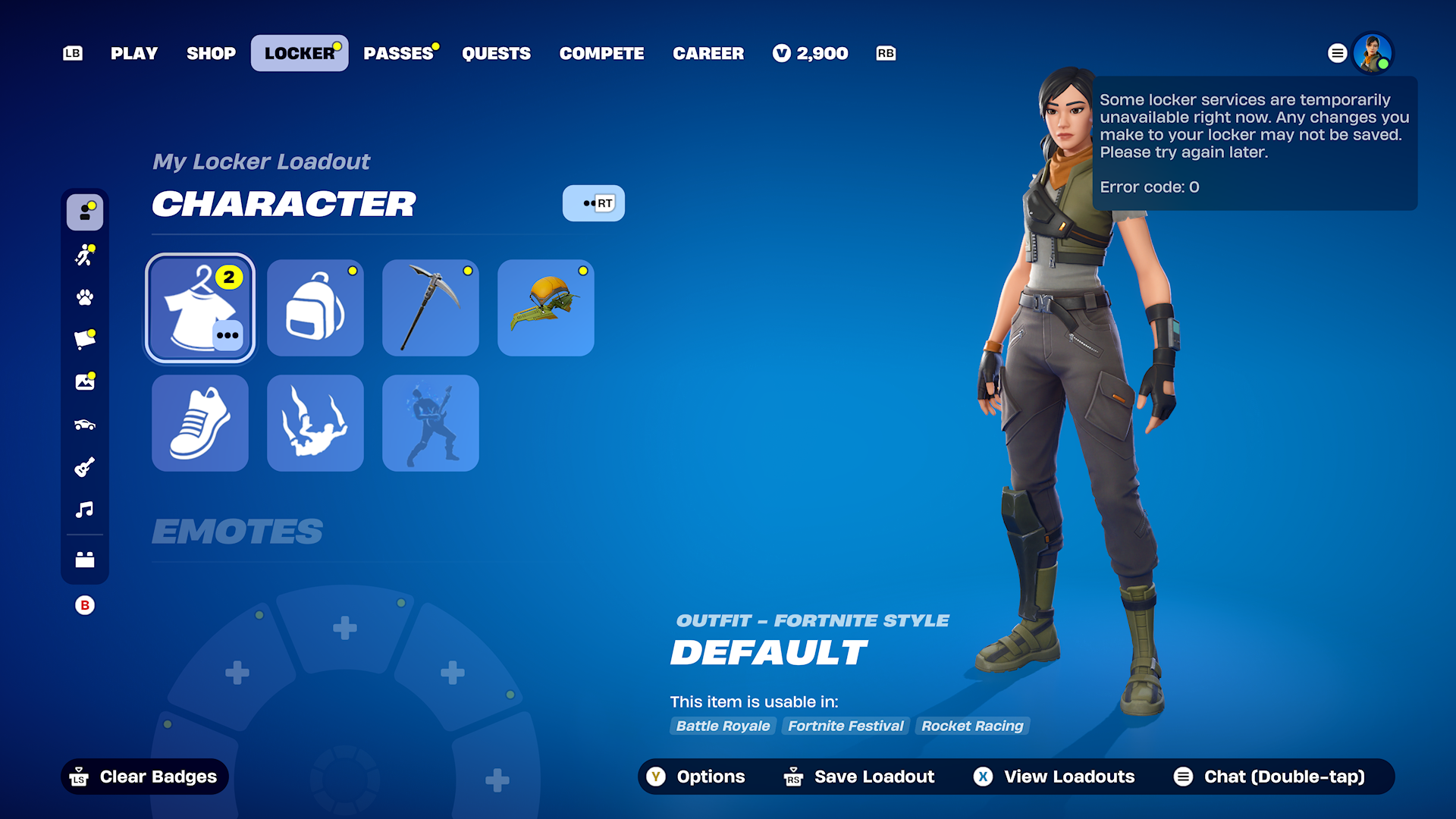 A character selection screen from a Fortnite features a character in a casual outfit, along with customization options and a notification about locker services being unavailable.