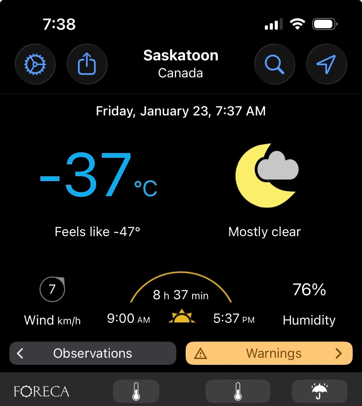 Saskatoon, Canada is experiencing a mostly clear morning with a temperature of -37°C, feeling like -47°C, and light wind at 7 km/h.