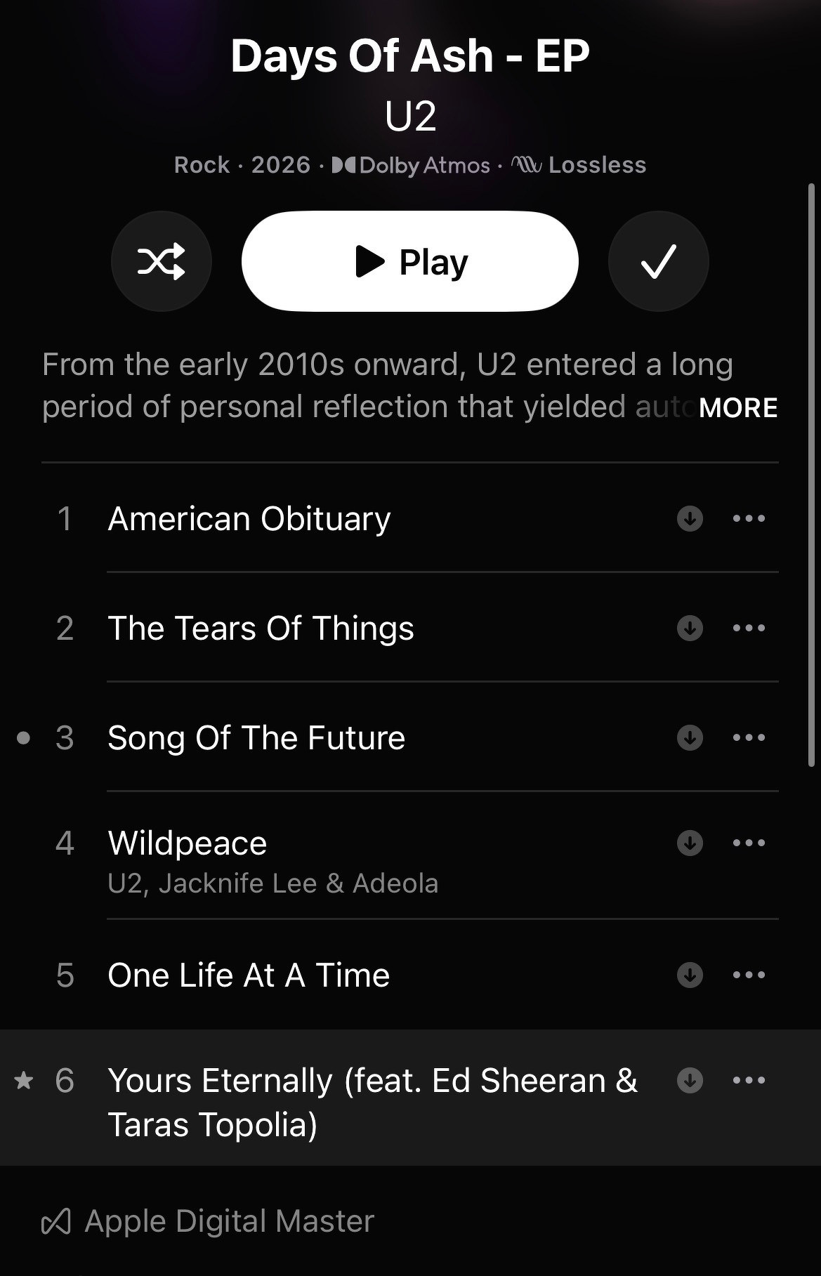 Days Of Ash - EP by U2, released in 2026, features six rock tracks including a collaboration with Ed Sheeran and Taras Topolia, available in Dolby Atmos and lossless audio.
