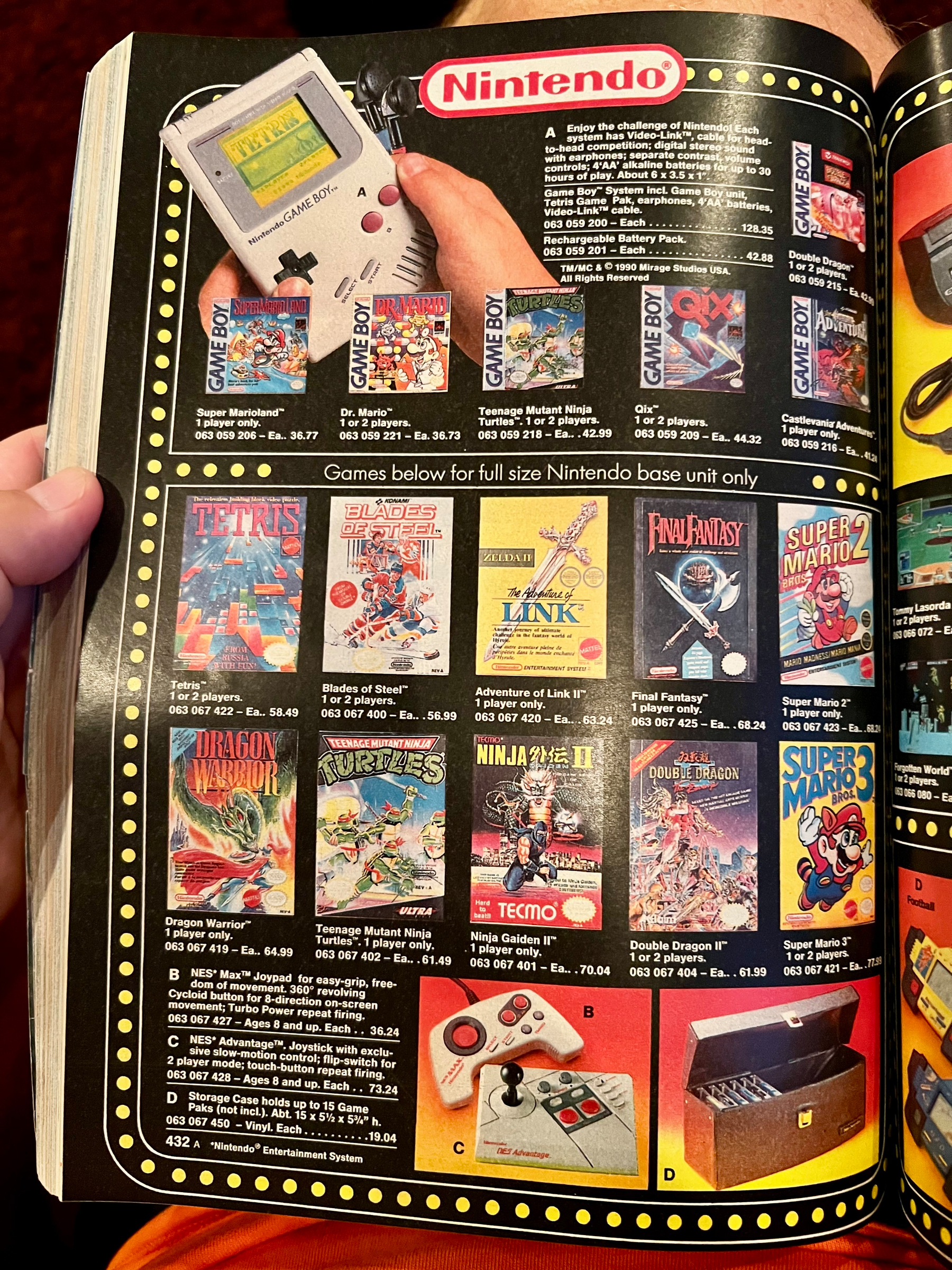 A vintage Nintendo catalog page showcases various Game Boy and NES games, accessories, and a handheld Game Boy device being held in a hand.