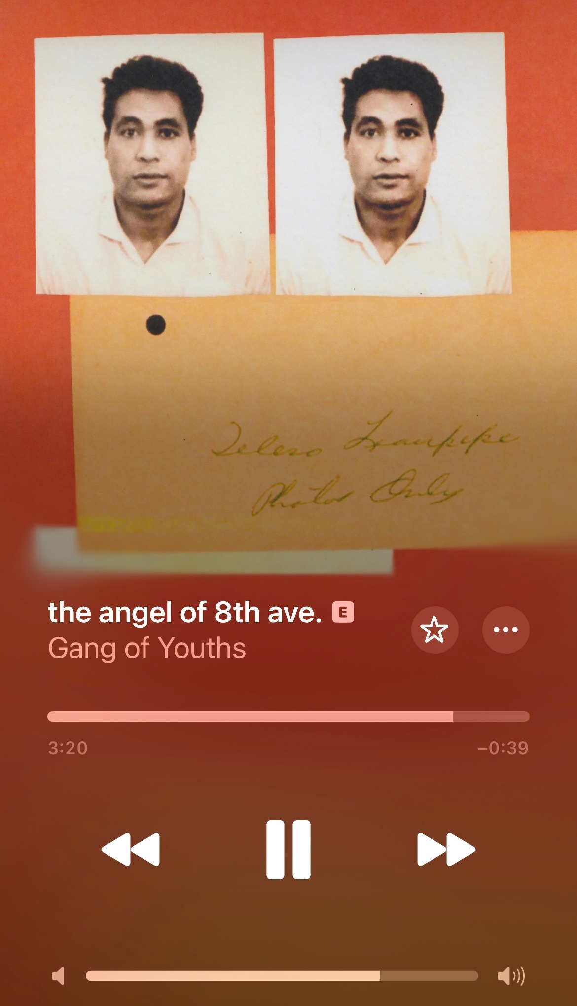 A music player interface displays the angel of 8th ave. by Gang of Youths with a photograph of a man and handwritten text in the background.