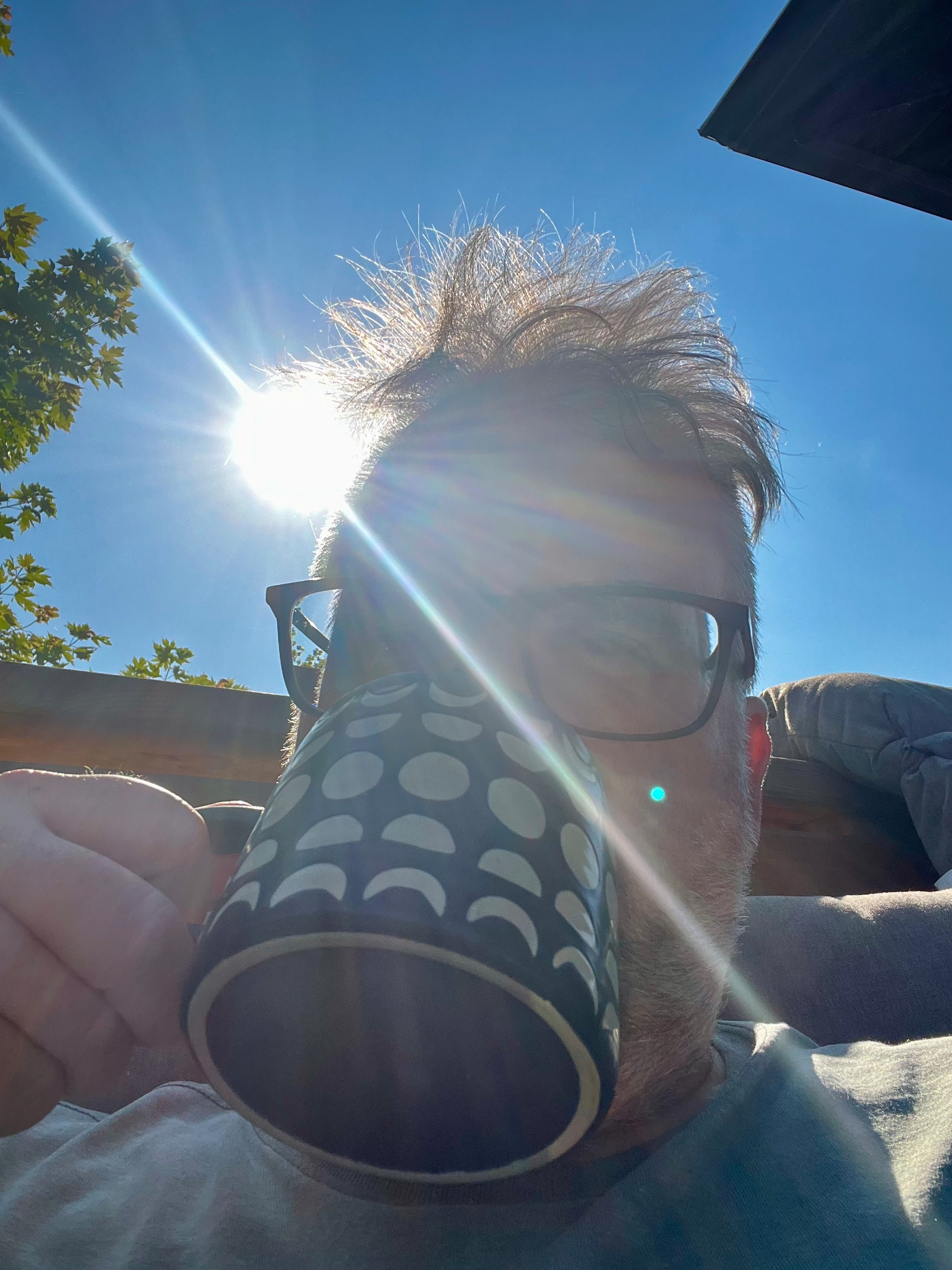 A person with glasses is holding a black and white polka-dotted mug close to their face while the sun shines brightly behind them.