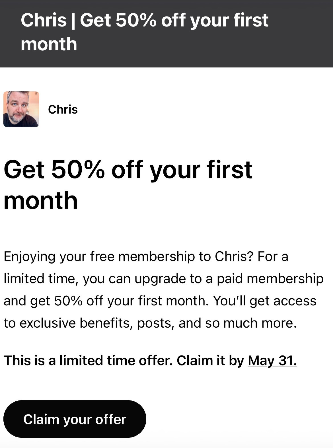 A promotional offer advertises a 50% discount on the first month of a paid membership, valid until May 31, with a call-to-action button to claim the offer.