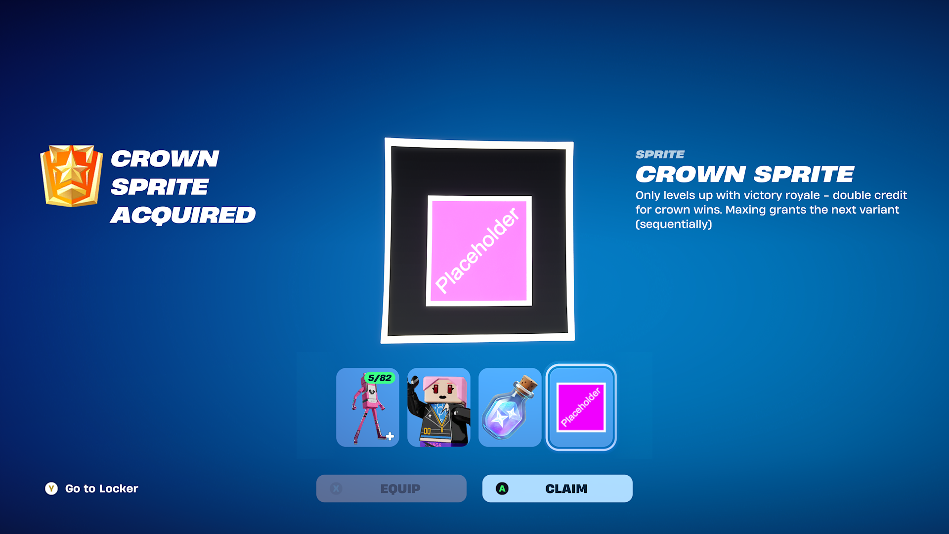 A notification indicates that the Crown Sprite has been acquired in a game, with details and options to claim or equip it shown on screen.