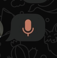 A pink microphone icon is centered inside a dark speech bubble against a black background with various outlined doodles.