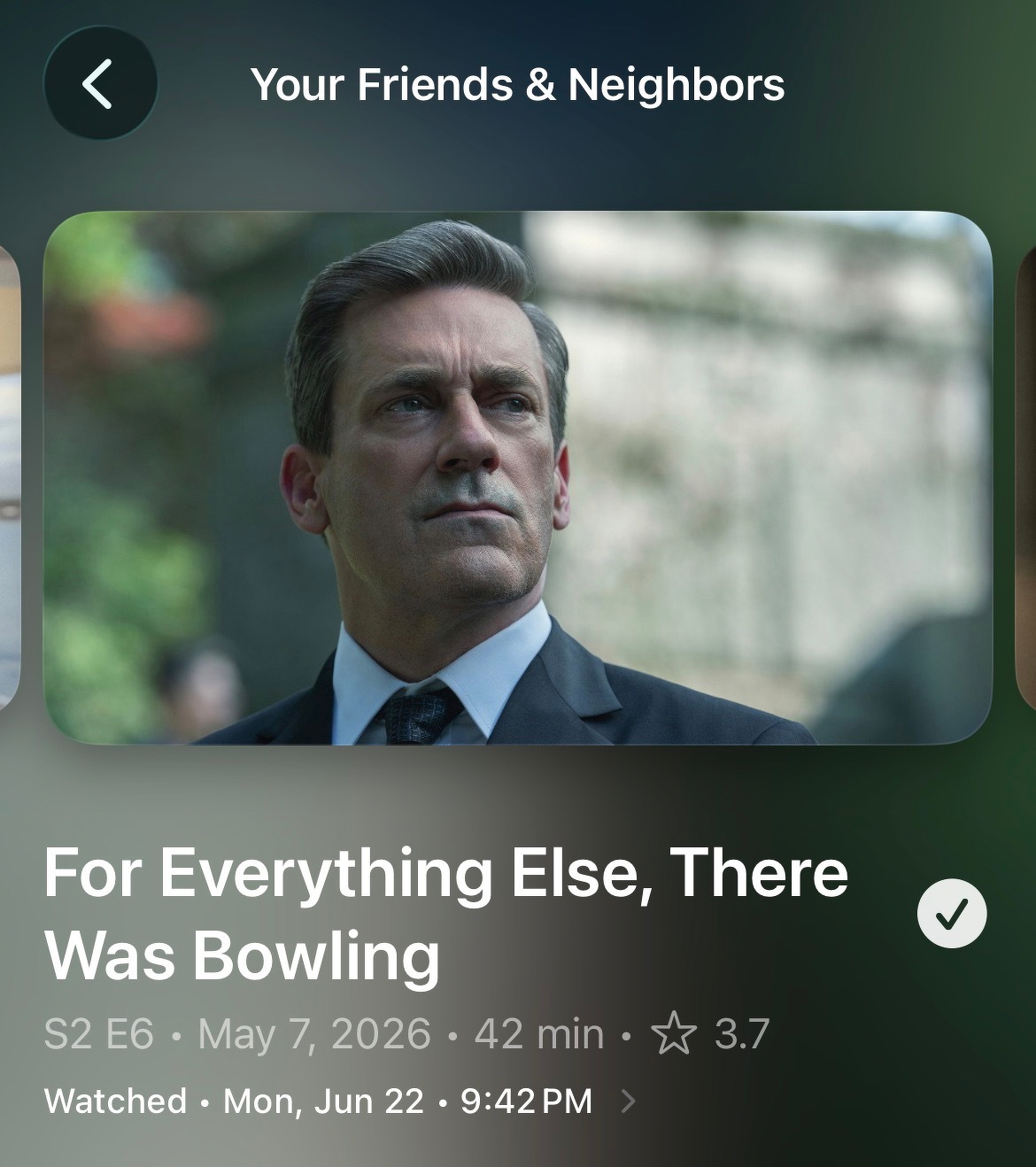 A man in a suit is shown in a scene from the show titled For Everything Else, There Was Bowling in season 2, episode 6.
