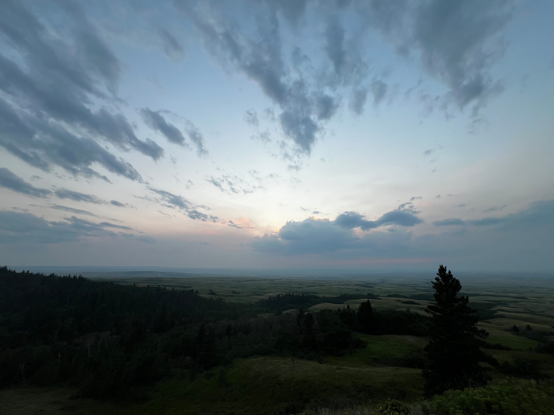 A wide landscape with rolling hills and scattered trees is shown under a partly cloudy sky during dusk or dawn.