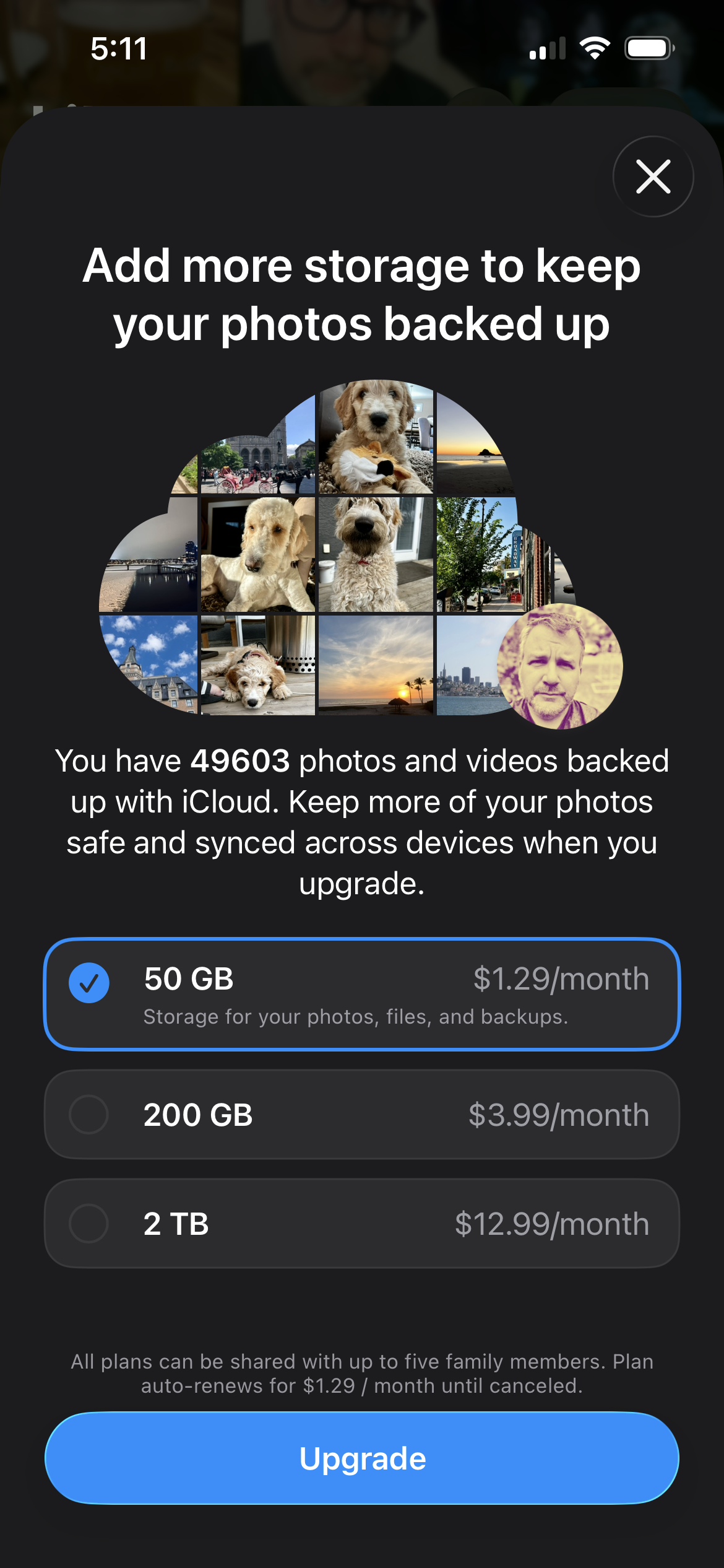 An upgrade prompt for iCloud storage offers options for 50 GB, 200 GB, or 2 TB of storage to keep photos and videos backed up.