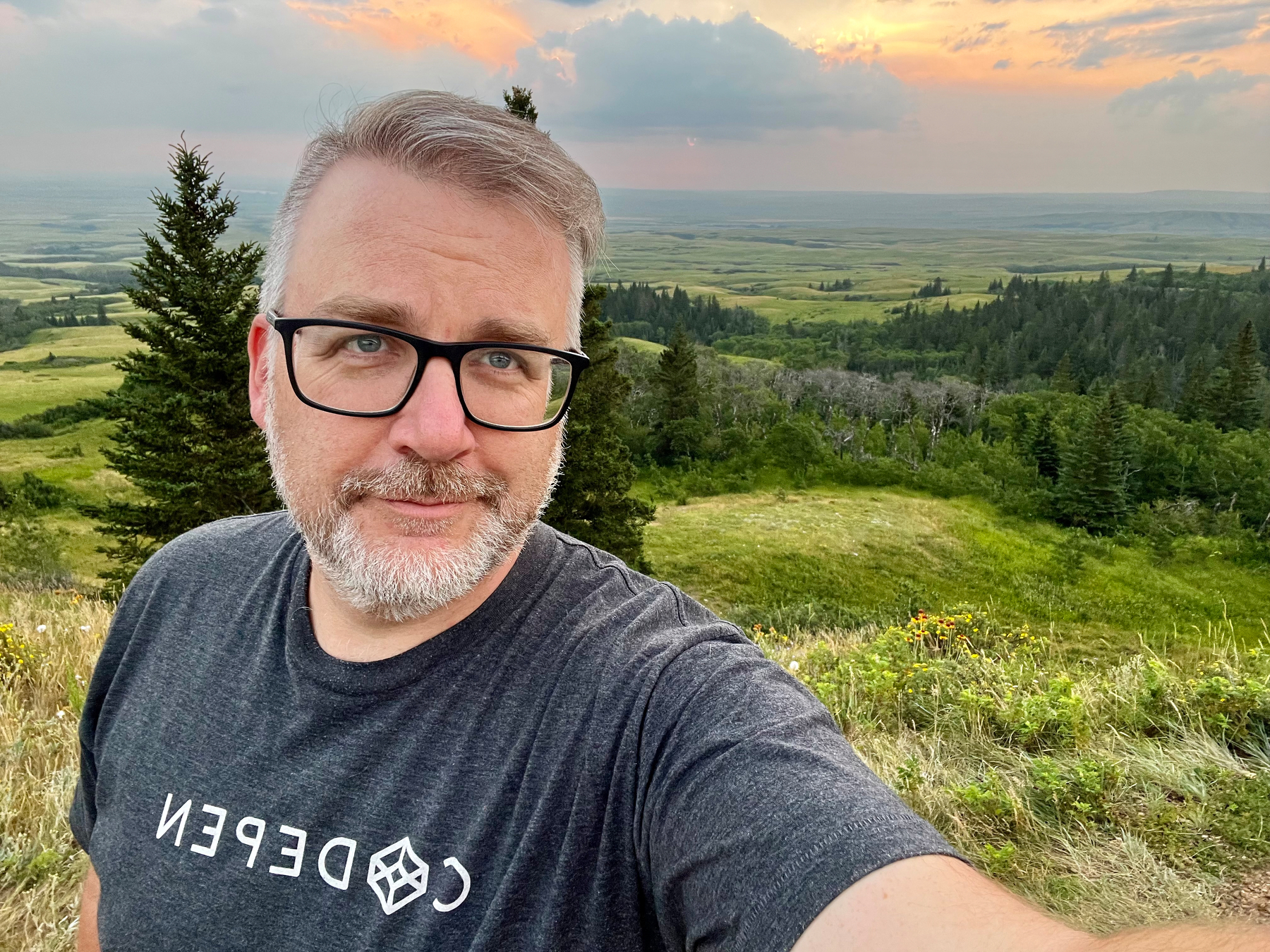 A man with glasses and a gray beard is taking a selfie outdoors with a scenic view of a green landscape and a sunset sky in the background.