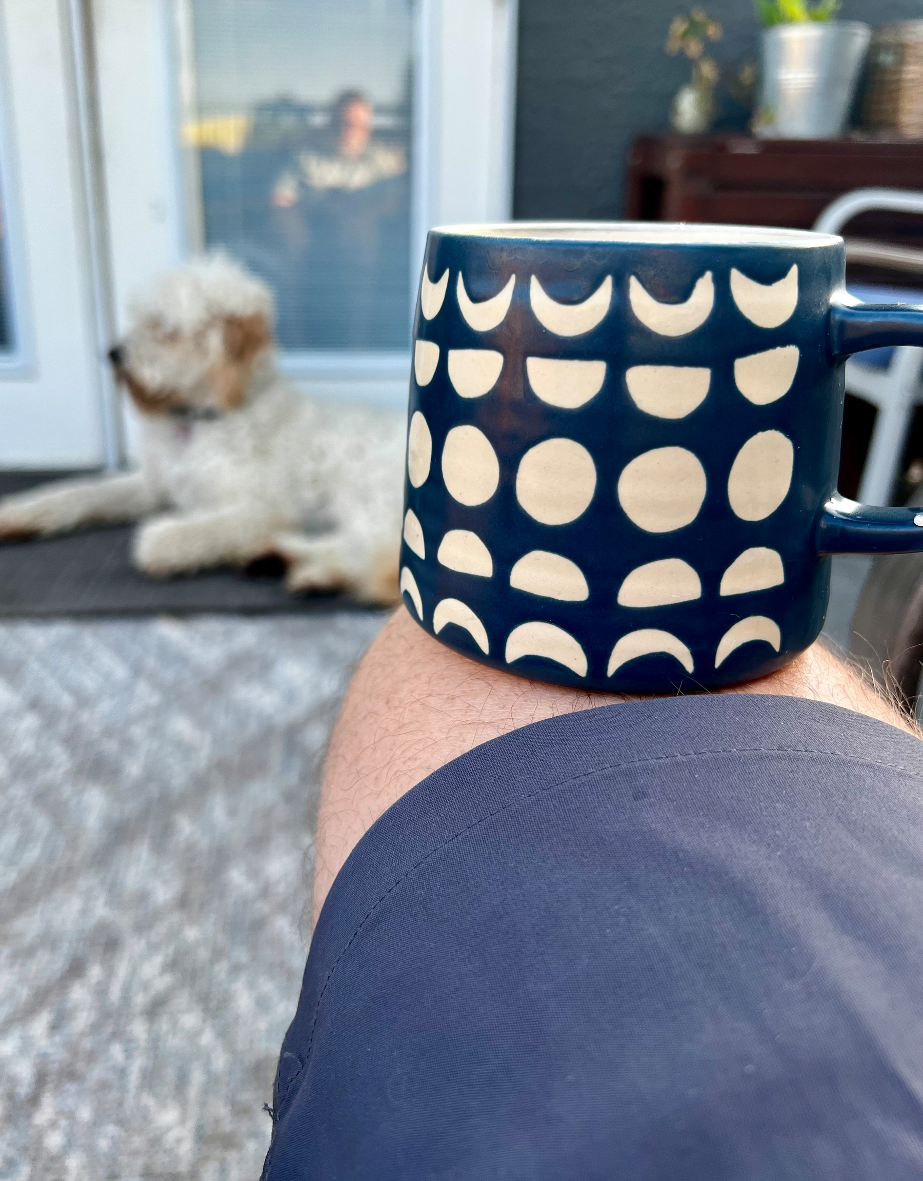 A navy blue mug with moon phase designs rests on a person's knee, with a white dog lying on a porch in the background.