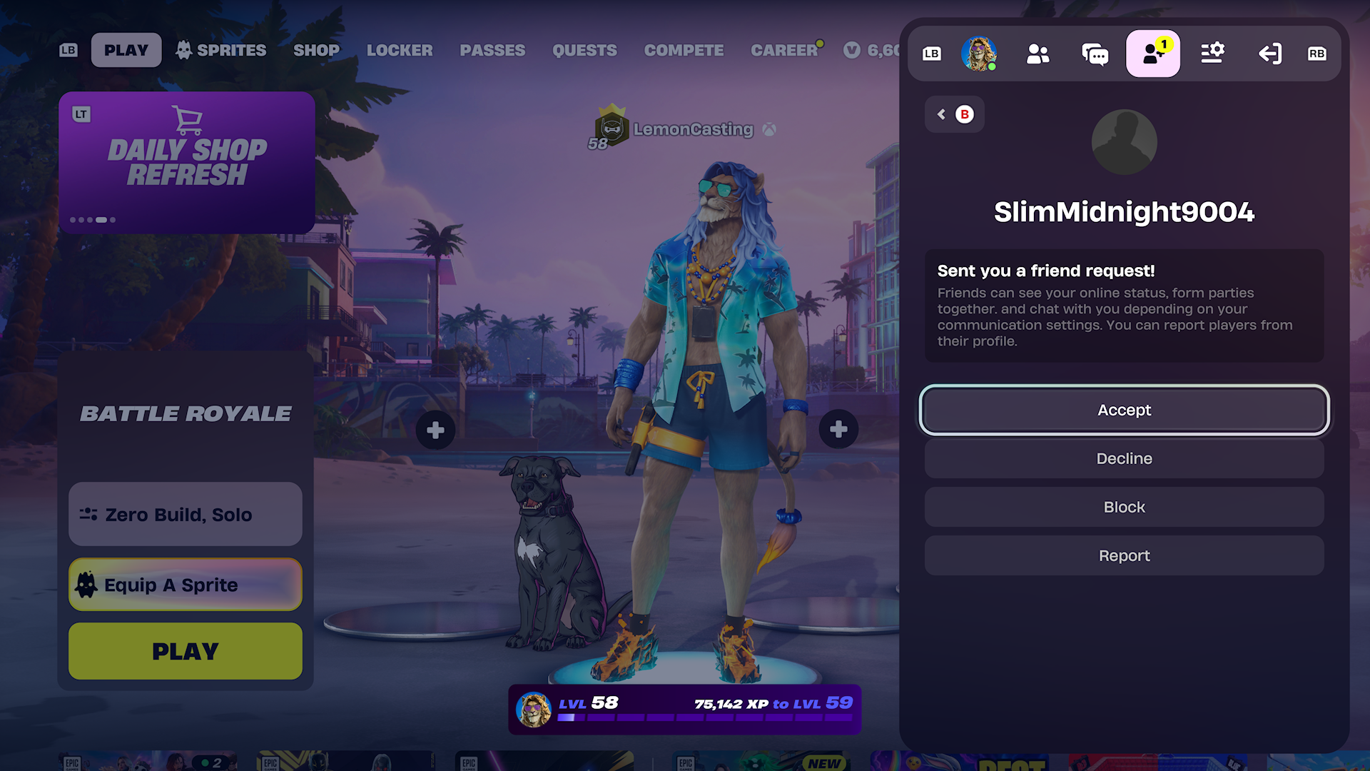 A Fortnite game lobby screen shows a player character with a dog, alongside options to play, customize, and a friend request from user SlimMidnight9004.