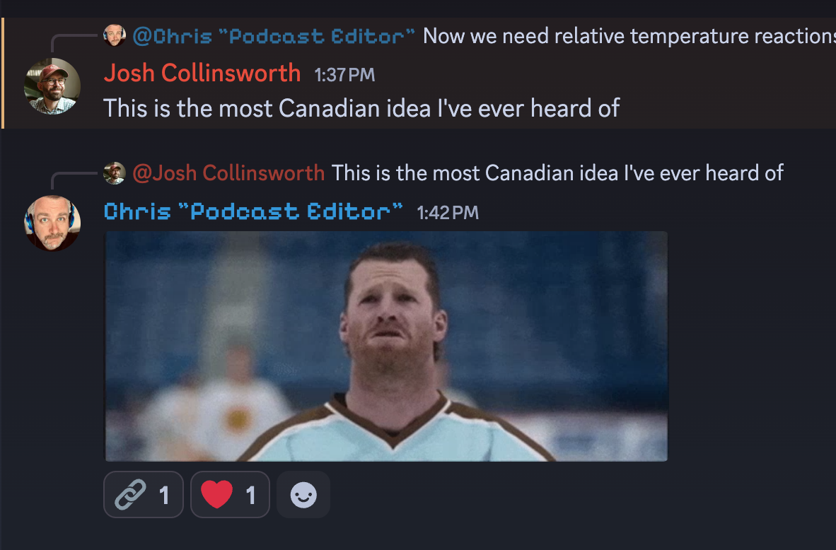 A text-based chat conversation is shown with a humorous reply followed by a GIF of a hockey player.