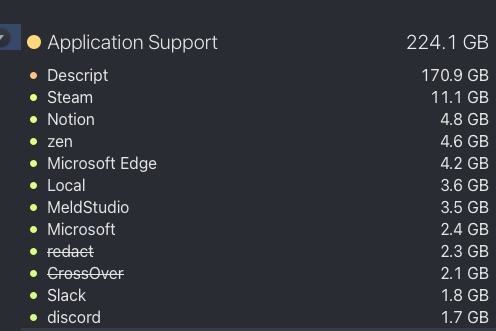 A list shows the storage usage of various applications, with Descript using the most at 170.9 GB.