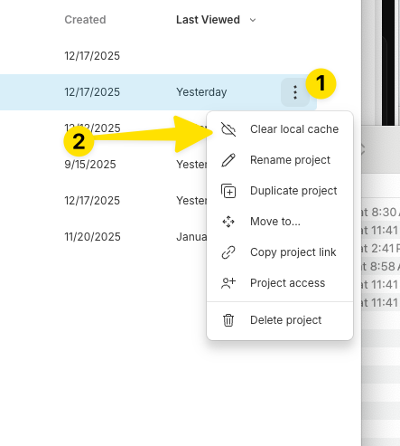 A dropdown menu highlighted by a yellow arrow and numbered annotations offers options such as clearing local cache and deleting a project.