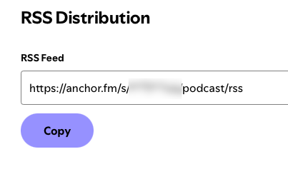 A web interface shows an RSS feed URL for distribution with a Copy button below.