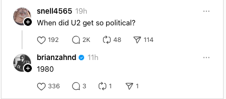 A social media post discusses when the band U2 became political, with a commenter suggesting the year 1980.
