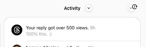 A notification shows that a reply received over 500 views and includes a phrase, 100% this. :).