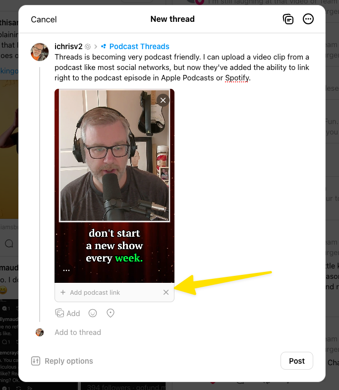 A person is speaking into a microphone with a caption suggesting starting a new show every week, accompanied by an option to add a podcast link.