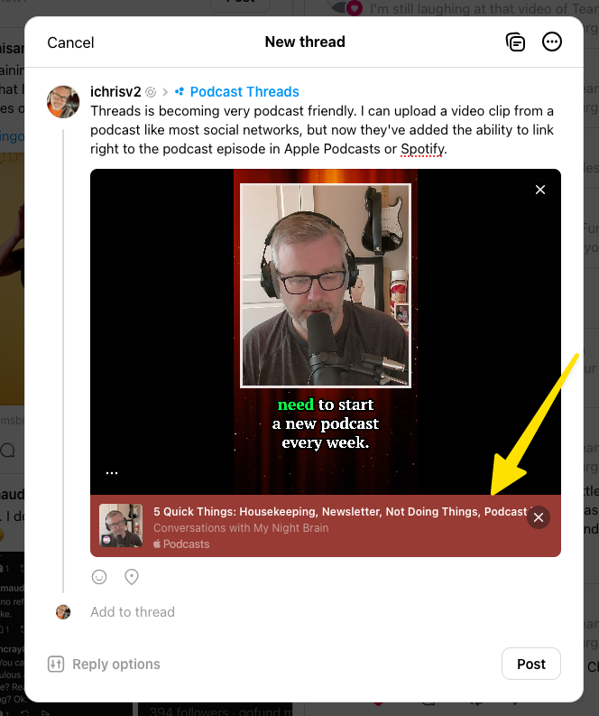 A person is speaking into a microphone, and there's a podcast thumbnail titled 5 Quick Things: Housekeeping, Newsletter, Not Doing Things, Podcast featured below.