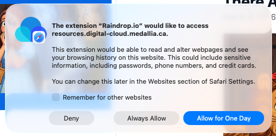 This extension would be able to read and alter webpages and see your browsing history on this website. This could include sensitive information, including passwords, phone numbers, and credit cards.&10;&10;You can change this later in the Websites section of Safari Settings.