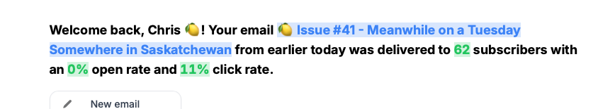 A notification reveals that an email issue sent on a Tuesday titled Somewhere in Saskatchewan was delivered to 82 subscribers with a 0% open rate and an 11% click rate.