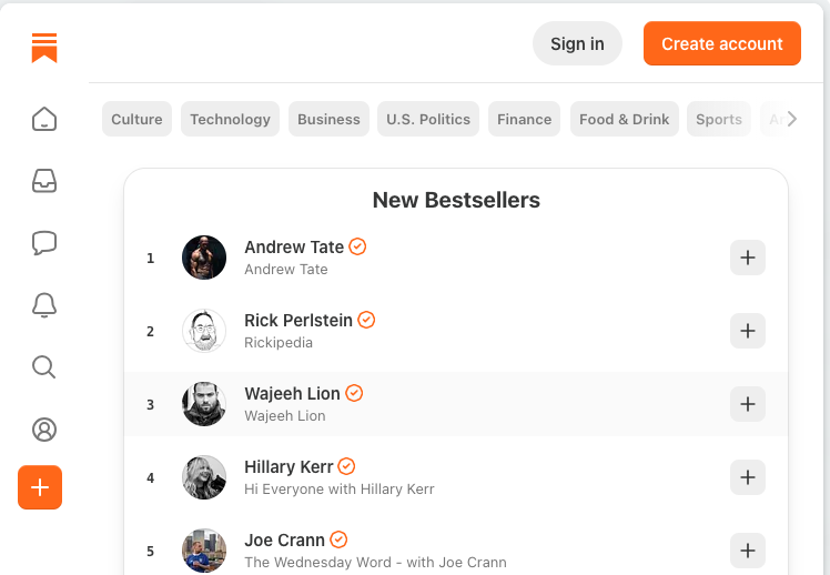 A webpage screen displays a list of new bestselling podcasts alongside a navigation menu and options for signing in or creating an account. Andrew Tate, human trafficker, is at the top of the list.