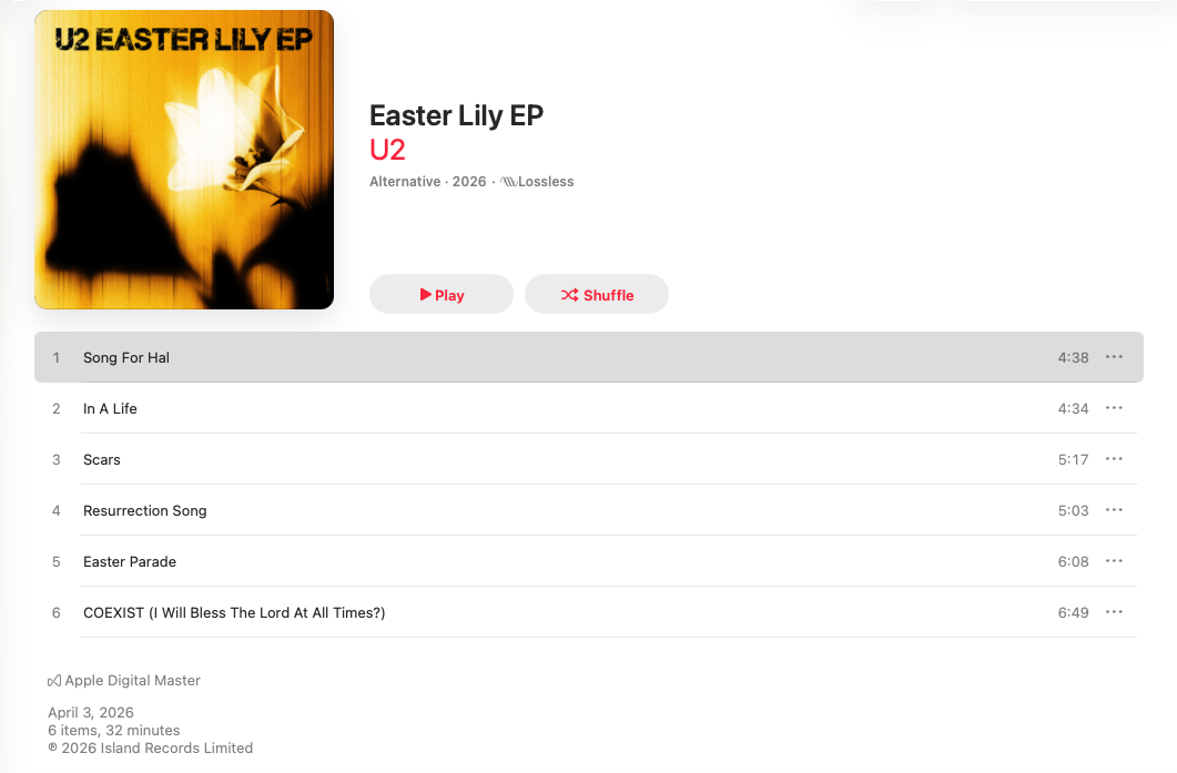 A music album titled Easter Lily EP by U2 is shown with a tracklist and options to play or shuffle the songs.