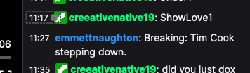 A chat conversation showing messages about someone stepping down.