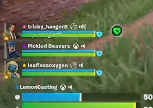 A video game scoreboard displays four players' names and their health bars. Tricky_hanger8, Pickled Beavers, and leaflessoxygen are the names.