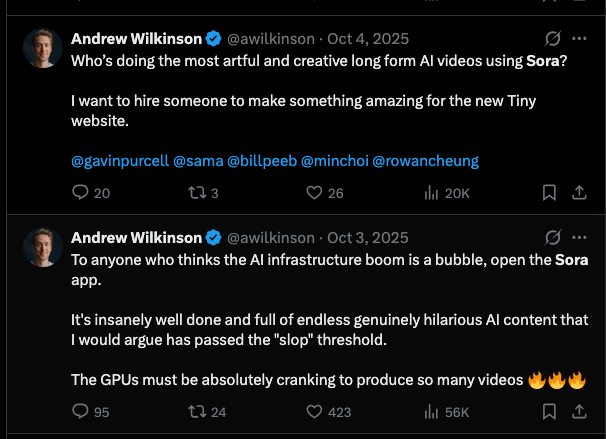 Two tweets by Andrew Wilkinson discuss using the Sora app for creative AI videos and the AI infrastructure boom.