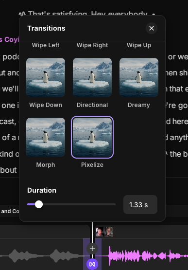 A transition menu in a video editing software shows options like Wipe Left, Wipe Right, and Pixelize with a penguin on an iceberg as the example image.
