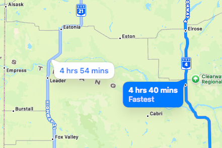 The map shows two route options between locations in a region, with travel times of 4 hours 40 minutes labeled as the fastest and 4 hours 54 minutes.