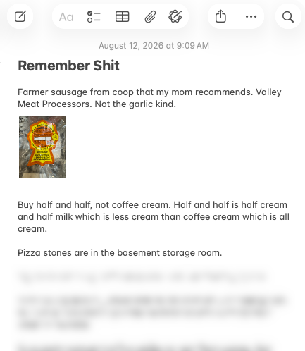 A note dated August 12, 2026, lists reminders about buying farmer sausage from a specific meat processor, choosing half and half over coffee cream, and storing pizza stones in the basement storage room.