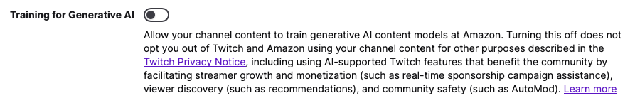 A Twitch settings interface displaying the option to toggle training for generative AI by allowing channel content to be used for training AI content models at Amazon.
