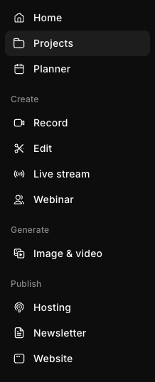 A vertical menu displays options for Home, Projects, Planner, recording and editing content, live streaming, webinars, generating images and videos, and publishing via hosting, newsletters, and websites.